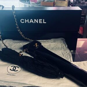 Authentic Vintage 90’s Chanel Black Umbrella with Gold Accents - Full Set NIB